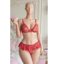 Kadın Kırmızı Kalp Desenli Tül Fantazi Gecelik Takımı & Fırfırlı Mini Babydoll Seti - 7061