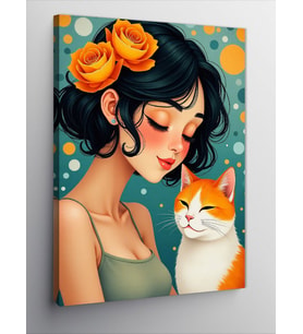 Kanvas Tablo Kedi Ve Şefkatli Kadın