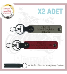 Bikerlar İçin İsim Plaka ve 0 Rh (+) Kan Grubu Yazılı Hediye x2 Anahtarlık Set, Kül Gri-Kırmızı-Laci (Çok Renkli)