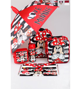 YENİ SEZON LİSANSLI MINNIE MOUSE ANAOKUL,BESLENME ÇANTASI İLE BESLENME KABI,MATARA 500 ML,ŞEMSİYE VE KIRTASİYE OKUL SETİ (Kırmızı)