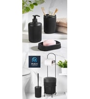 6 Parça Banyo Seti Çöp Kovalı Tuvalet Kağıtlığı-Tuvalet Fırçası-Sıvı ve Katı Sabunluk-Diş Fırçalık (Siyah)