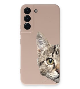 Samsung Galaxy S22 Uyumlu Lansman Kılıf Catface Tasarımlı İçi Kadife Kapak-Pudra (Şeffaf)
