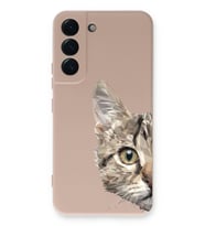 Samsung Galaxy S22 Uyumlu Lansman Kılıf Catface Tasarımlı İçi Kadife Kapak-Pudra (Şeffaf)