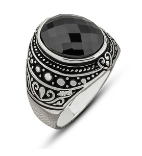Gümüş Siyah Zirkon Taşlı Oval Erkek Yüzük (Çok Renkli)