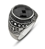 Gümüş Siyah Zirkon Taşlı Oval Erkek Yüzük (Çok Renkli)