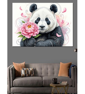 Pembe Gül Tutan Panda Dekoratif Kanvas - Mdf Ahşap Tablo