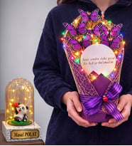 Renkli Led Işıklı Aynalı Mor Kelebek Buketi (Kişiye Özel Led Işıklı Fanus Hediyeli) (Model 5)