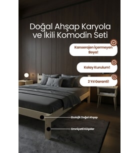 Letto Model Masif Ahşap Karyola ve 2 Adet Komodin Kolay Kurulum Fırınlanmış İthal Sibirya Çamı 120x200 Yatak Uyumlu 2 Adet Komodin