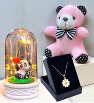 Premium Hediye Seti Özel Tasarım Kolye, Peluş Anahtarlık ve Led Işıklı Fanus (Model 4)