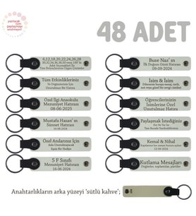 Düğün Konuklarına Özel Anı 48'li Set, Kişiselleştirilebilir Hatıra Deri Anahtarlık, Beyaz & S Kahve