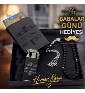 İsme Özel Premium Hediye Seti l Mekanizmalı Otomatik Kartlık Cüzdan l Çakmak l Tesbih - Sevgiliye Eşe Babaya Arkadaşa Hediye