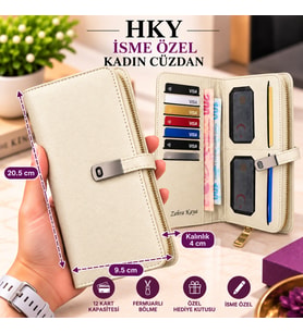 HKY Çok Kullanışlı İsme Özel Büyük Boy Kadın Cüzdan (Krem)
