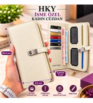 HKY Çok Kullanışlı İsme Özel Büyük Boy Kadın Cüzdan (Krem)