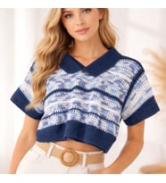 ChicLookDesign El Örgüsü Polo Yaka Crop Bluz (Lacivert-A.Mavı)