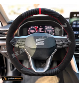 Seat Ateca Dikme Direksiyon Kılıfı Alcantara Süet Mat Karbon Kırmızı Yüzük ve Dikiş FR-Xperience 2020-2026