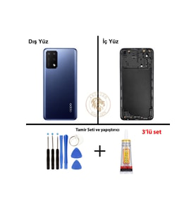 Oppo A74 Mavi Uyumlu Lensli Arka Kapak + Yapıştırıcı ve Vida Seti Arka Cam Batarya Pil Kapağı