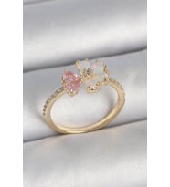 Pirinç Gold Renk Beyaz Mineli Pembe Zirkon Taşlı Çiçek Model Kadın Yüzük 5886