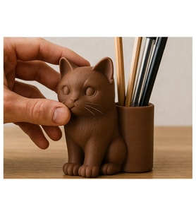 Alvera Kedi Figürlü Kalemlik – 3D Baskı Masaüstü Organizer - Kahverengi