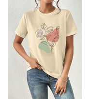 Portrait & Flower Baskılı Oversize Tshirt (Bej)