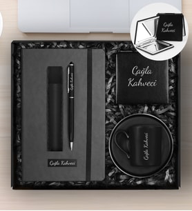 Kişiye Özel Defter & Kişiye Özel Porselen Siyah Fincan & Deri Kılıflı Touch Pen Kalem & Ayna Hediye Seti