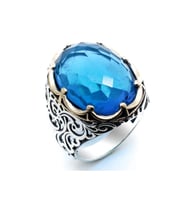 Erkek Açık Mavi Zirkon Taşlı Taç Desenli Gümüş Yüzük