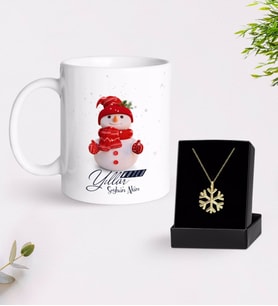 BK Gift Kişiye Özel Yılbaşı Mutlu Yıllar Tasarımlı Kupa ve Kar Tanesi Kolye-2