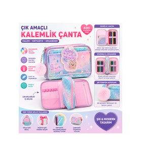 Holografik Kedi Desenli Çok Amaçlı Kalemlik Çanta, Geniş Kapasiteli Organizer