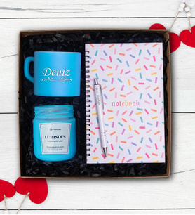 İsme Özel Mavi Fincan, Defter, Kişiye Özel Tükenmez Kalem, Cam Mum