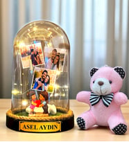 Kişiye Özel Led Işıklı Biblolu Fanus ve Pembe Peluş Ayıcıklı Anahtarlık (Model 10)
