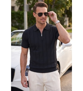 DeepSEA Erkek Fermuarlı Polo Yaka Çizgi Dokulu Siyah Triko Tişört Regular Fit Yumuşak Dokulu 2608007