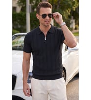 DeepSEA Erkek Fermuarlı Polo Yaka Çizgi Dokulu Siyah Triko Tişört Regular Fit Yumuşak Dokulu 2608007