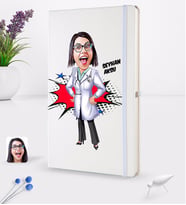 BK Gift Kişiye Özel Kadın Doktor Karikatürlü Beyaz Termo Deri Defter 16x24cm Model 1