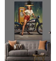 Motosikletli Pin-Up Kız Dekoratif Kanvas - Mdf Ahşap Tablo