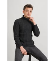 Slimfit Kendinden Çizgili Tam Balıkçı Pamuklu Kalın Triko Erkek Kazak (Antrasit)