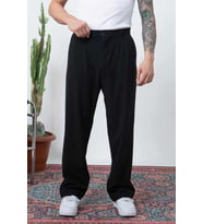 Çift Pileli Arka Beli Lastikli Geniş Paça Baggy Yazlık Kumaş Pantolon (Siyah)