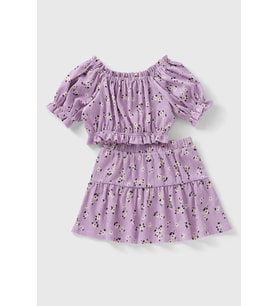 Lupinn Moda Kız Çocuk Lila Çiçek Desenli Bluz Etek Takım, Kız Çocuk Takım