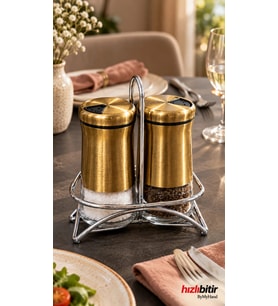 ByMyHand Paslanmaz Çelik Cam 3 Parça Gold Ev Lokanta ve Restoran İçin Tuzluk ve Karabiberlik 2'li Se