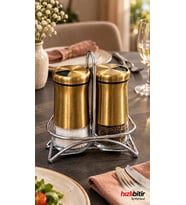 ByMyHand Paslanmaz Çelik Cam 3 Parça Gold Ev Lokanta ve Restoran İçin Tuzluk ve Karabiberlik 2'li Se