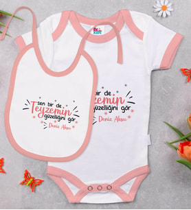 BK Kids Kişiye Özel Sen Bir De Teyzemin Güzelliğini Gör Tasarımlı Pembe Bebek Body Zıbın ve Mama Önlüğü Hediye Seti
