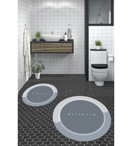 EVDEYA Dijital Baskılı Yıkanabilir Bathroom Yazılı Yuvarlak Banyo Paspası Klozet Takımı, YKLOZET-1-GRİ, (Gri)