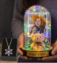 Size Özel Renkli Led Işıklı Ayıcıklı Fanus ve Ametist Taşlı Lotus Kolye
