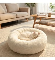 Lunaev Yuvarlak Ultra Yumuşak Welsoft Peluş Kedi ve Köpek Yatağı – Kaymaz Taban Tüylü Pet Pufu,Uyku Minderi (krem)