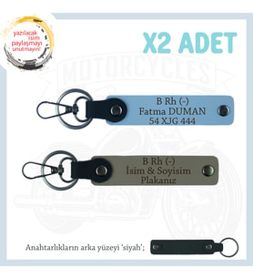 Motosiklet Aşıkları İçin İsim Plaka ve B Rh (-) Kan Grubu Yazılı x2 Anahtarlık Set, Kül Gri-Mavi-Syh