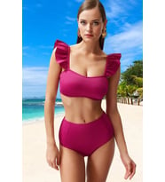 Kadın Bikini Takımı Dokulu Örme Fırfırlı Bralette Balensiz Yüksek Bel Hipster Kolsuz Kapalı Arka