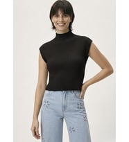 Kadın Yarım Balıkçı Yaka Fitilli Triko Kolsuz Crop Bluz