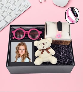 Dokunmatik Pembe Kız Çocuk Saati & Pembe Çocuk Gözlüğü & Anahtarlık Ayıcık & Kişiye Özel Fotoğraf