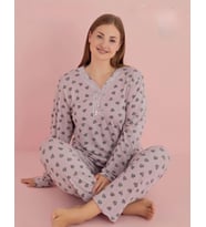 Pijamerry Kadın Büyük Beden Dantel Yaka Bambu Uzun Kol Pijama Takımı 5068 - 1 Adet (Pembe)