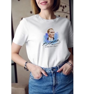 Unisex Bisiklet Yaka Baskılı Oversize T-Shirt - Beyaz