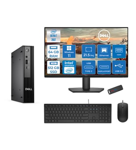 Dell Pc Pro Mıcro QCM1250 Intel® Ultra 7 265T 64GB Ddr5 512GB SSD Intel® GRAPHICS21.5 Dell Monitör Fhd  WIN11PRO Mini Masaüstü Bilgisayar BTO10721P22+ZETTAUSBBELLEK
