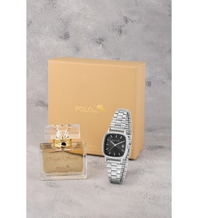 Polo Air Takvimli Kare Kasa Kadın Kol Saati Ve 55 ml Parfüm Hediyelik Kutusunda Set Gümüş Siyah Renk ST-2200S3